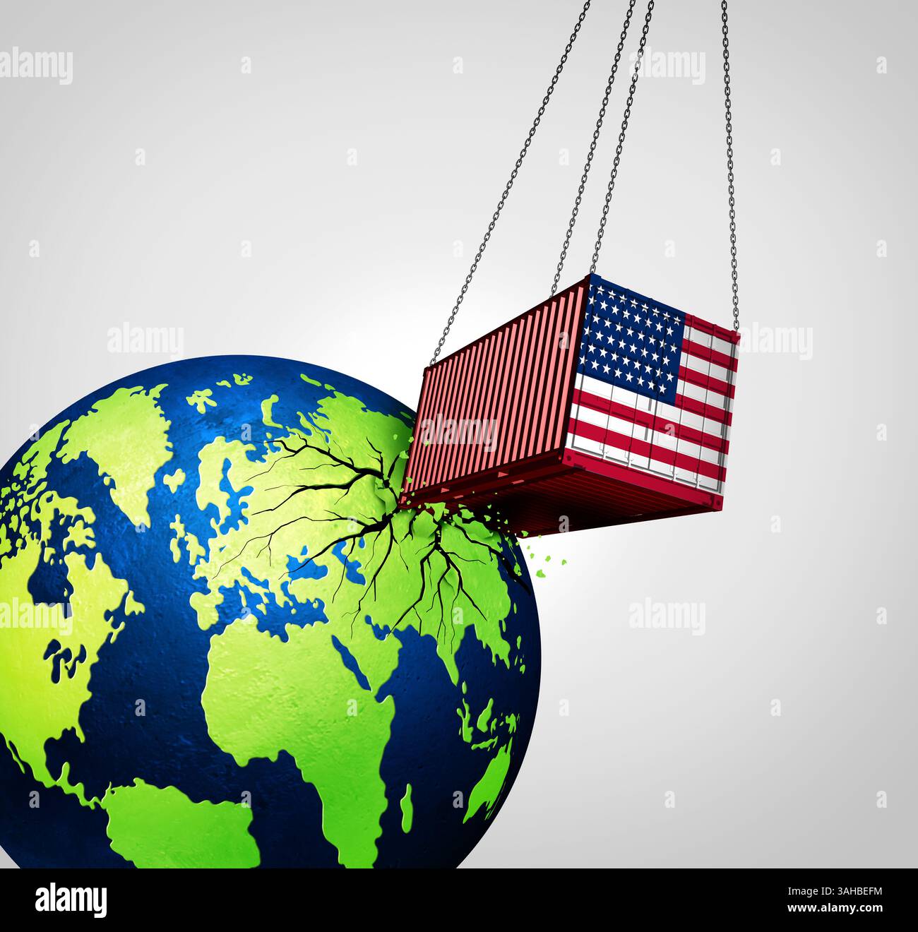 US Global Trade war und USA gegen China Indien Kanada und die Europäische union als amerikanische Zölle mit gegensätzlichen Frachtcontainern im Konflikt Stockfoto