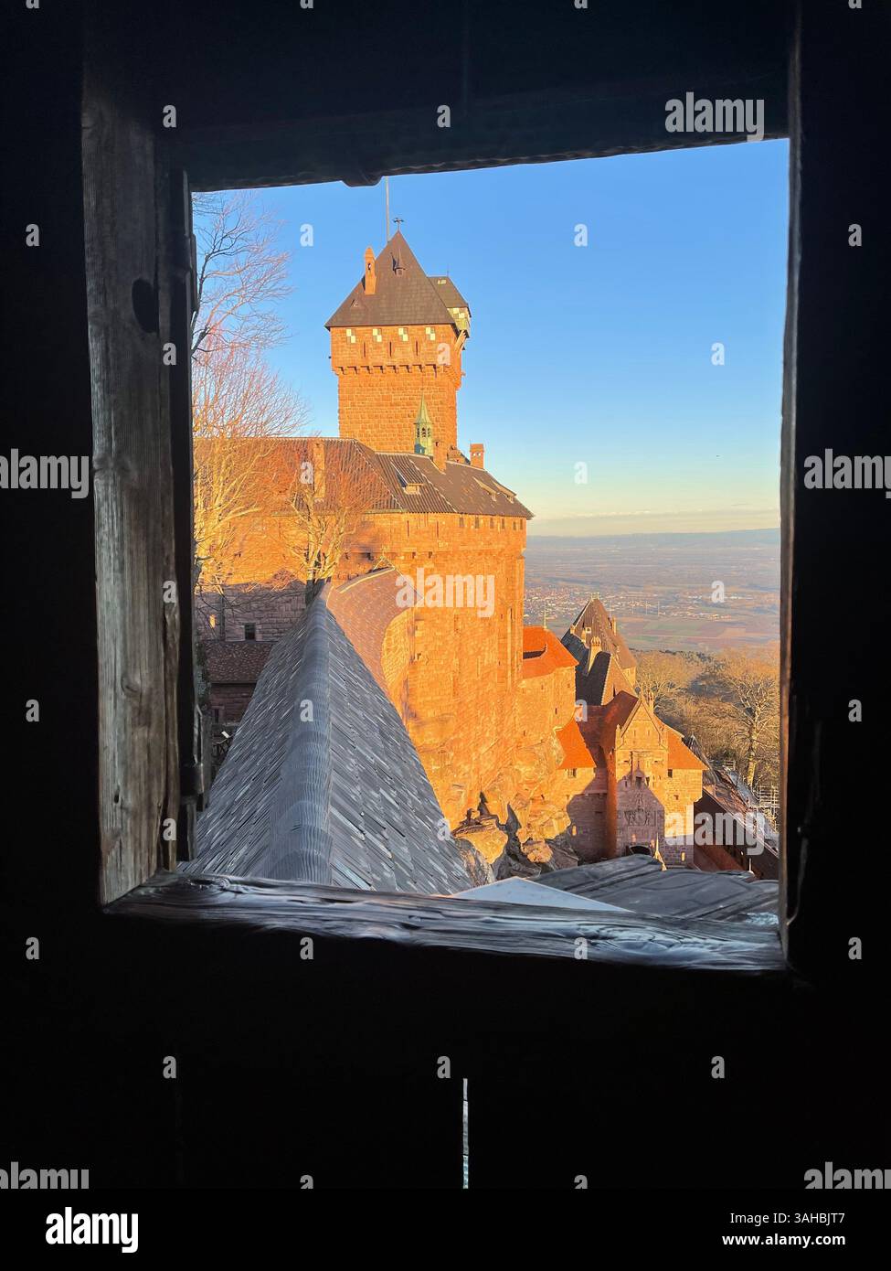 Blick auf die mittelalterliche Burg im Elsass, Frankreich, durch ein rustikales Holzfenster. Der rote Sandsteinturm leuchtet im warmen goldenen Stundenlicht. - Smartphone-aufgenommenes Stockfoto