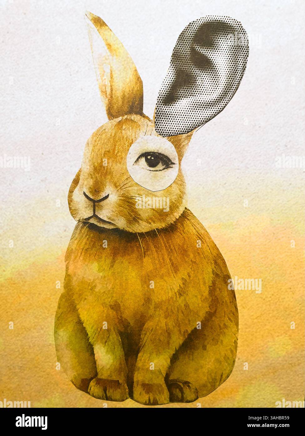 Osterhase mit großem Menschenohr und menschlichem Auge Stockfoto