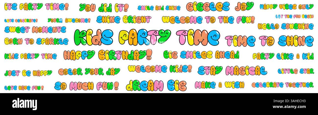 Niedliche Phrasen Für Kinder In Farbenfroher Ballonschriftart Mit Lächelnden Buchstaben, Perfekt Für Geburtstage, Spielzimmer, Poster Und Festungsgrafiken. Vektor Stock Vektor