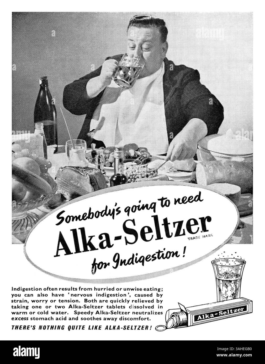 1955 britische Werbung für Alka-Seltzer lösliche Verdauungstabletten. Stockfoto