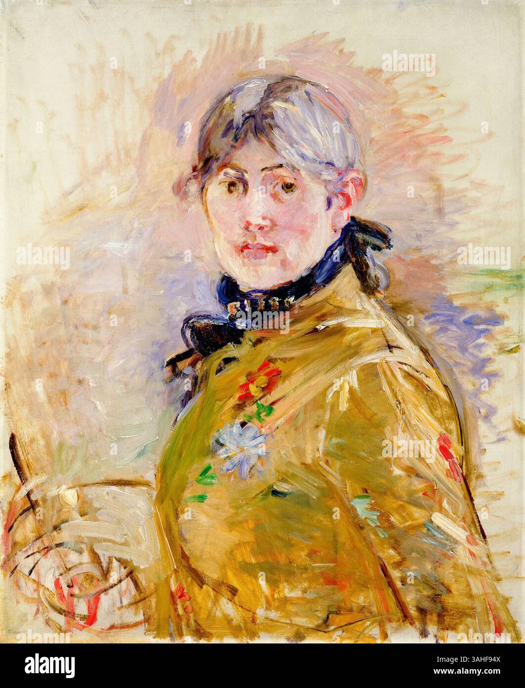 Berthe Morisot, Selbstbildnis der französischen impressionistischen Malerin Berthe Marie Pauline Morisot (1841-1895) in Öl auf Lapislazuli, 1885 Stockfoto