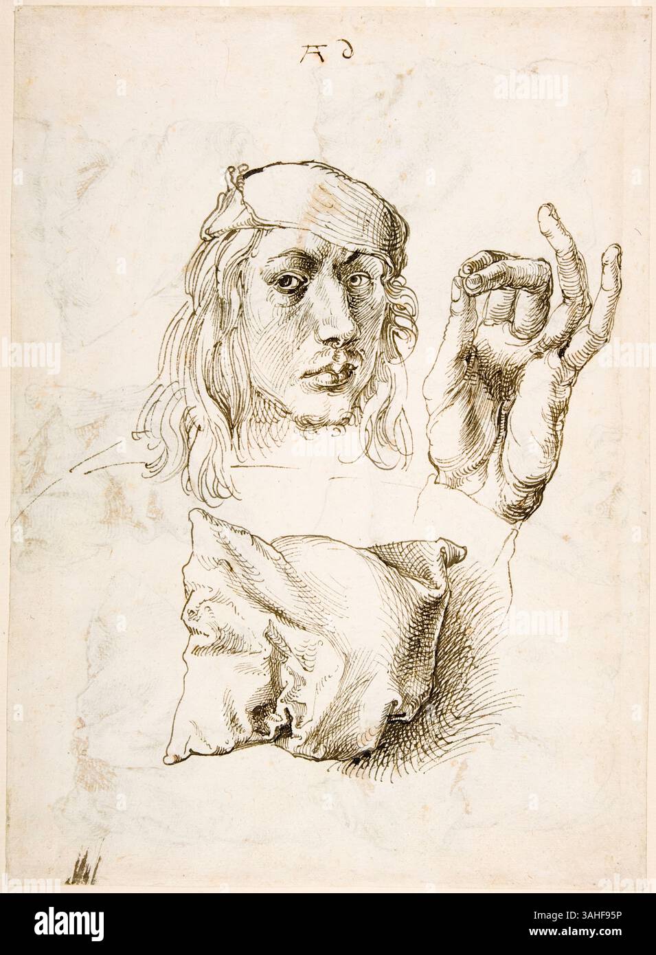Albrecht Durer (1471–1528), Selbstporträtzeichnung, Studie einer Hand und eines Kissens in Stift und Tinte, 1493 Stockfoto