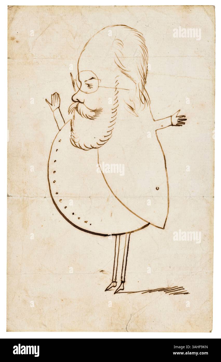 Edward Lear (1812-1888). Herr Lear selbst, Selbstporträt-Karikatur des englischen Künstlers, Illustrators, Musikers, Autors und Dichters in Stift und Tinte, 1860-1888 Stockfoto