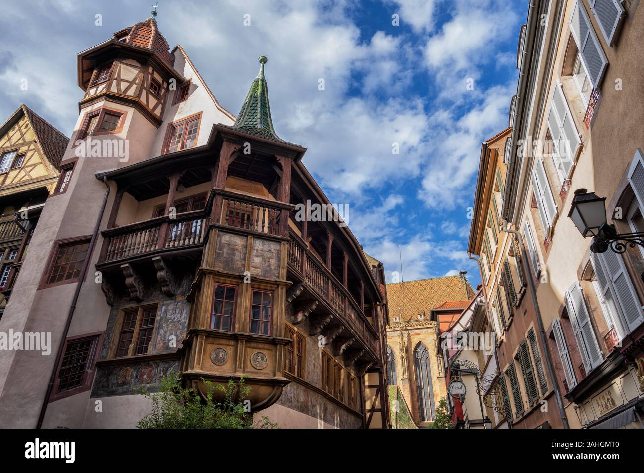 Das Pfister House ist ein Wahrzeichen im Renaissancestil aus dem Jahr 1537 in der Altstadt von Colmar im Elsass, Frankreich. Stockfoto
