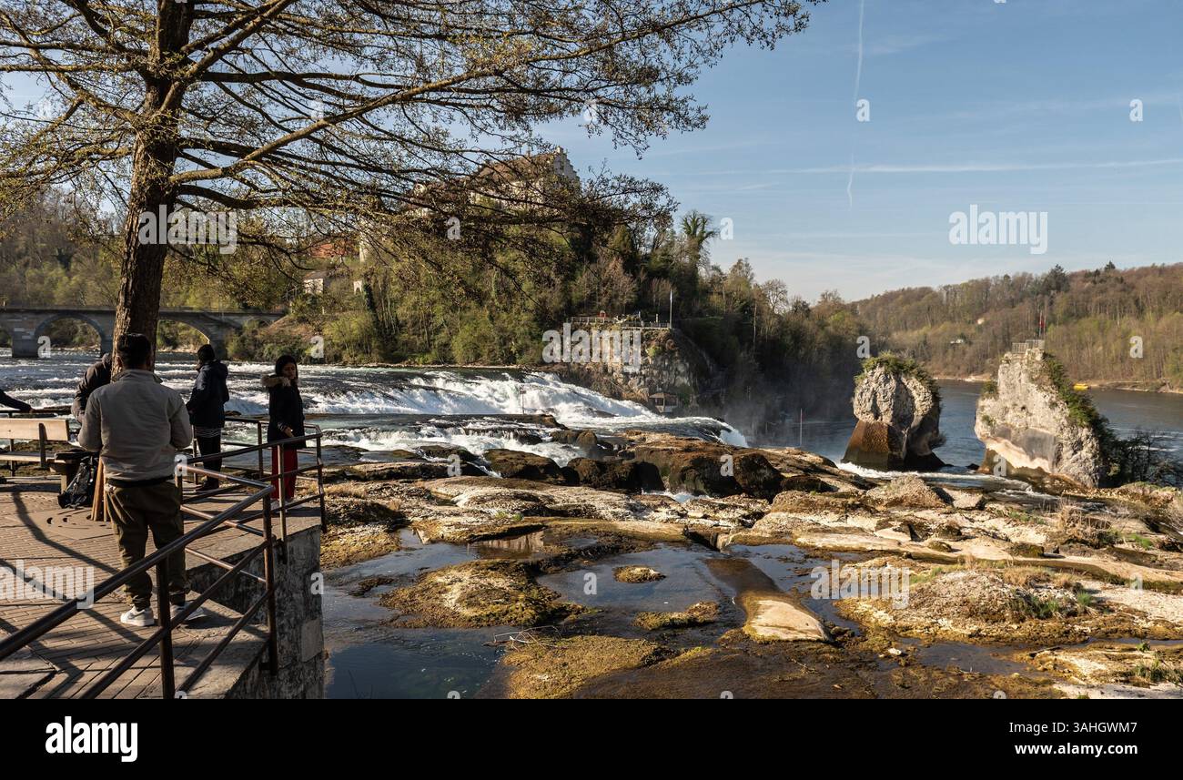 Neuhausen Am Rheinfall, Schweiz. April 2025. Menschen, die bei Niedrigwasser auf den Rheinfall bei Schaffhausen schauen. Normalerweise beeindrucken die Rheinfälle bei Schaffhausen mit rasenden Wassermassen. Aber seit Wochen gibt es keinen Regen, der Wasserstand am Rhein ist extrem niedrig und das Gelände dementsprechend unfruchtbar. Felsen, die mit Moos bewachsen sind, ragen aus dem Wasser hervor. Quelle: Silas Stein/dpa/Alamy Live News Stockfoto