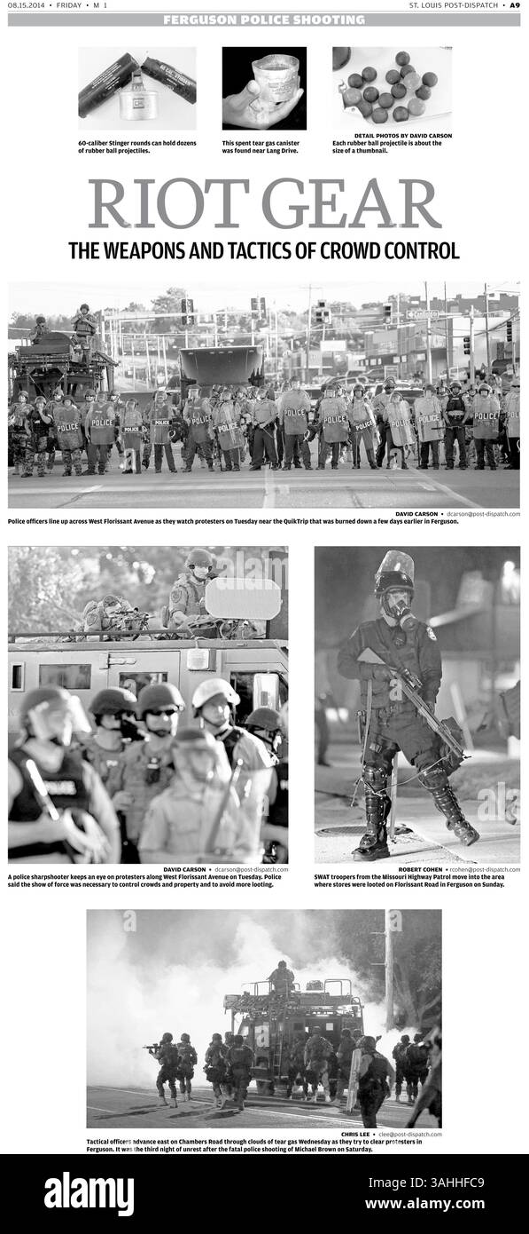Tränenbogen aus St. Louis Post-Dispatch-Berichterstattung über Unruhen in Ferguson, Missouri. (Quelle: St. Louis Post-Dispatch/ZUMAPRESS.com) Stockfoto