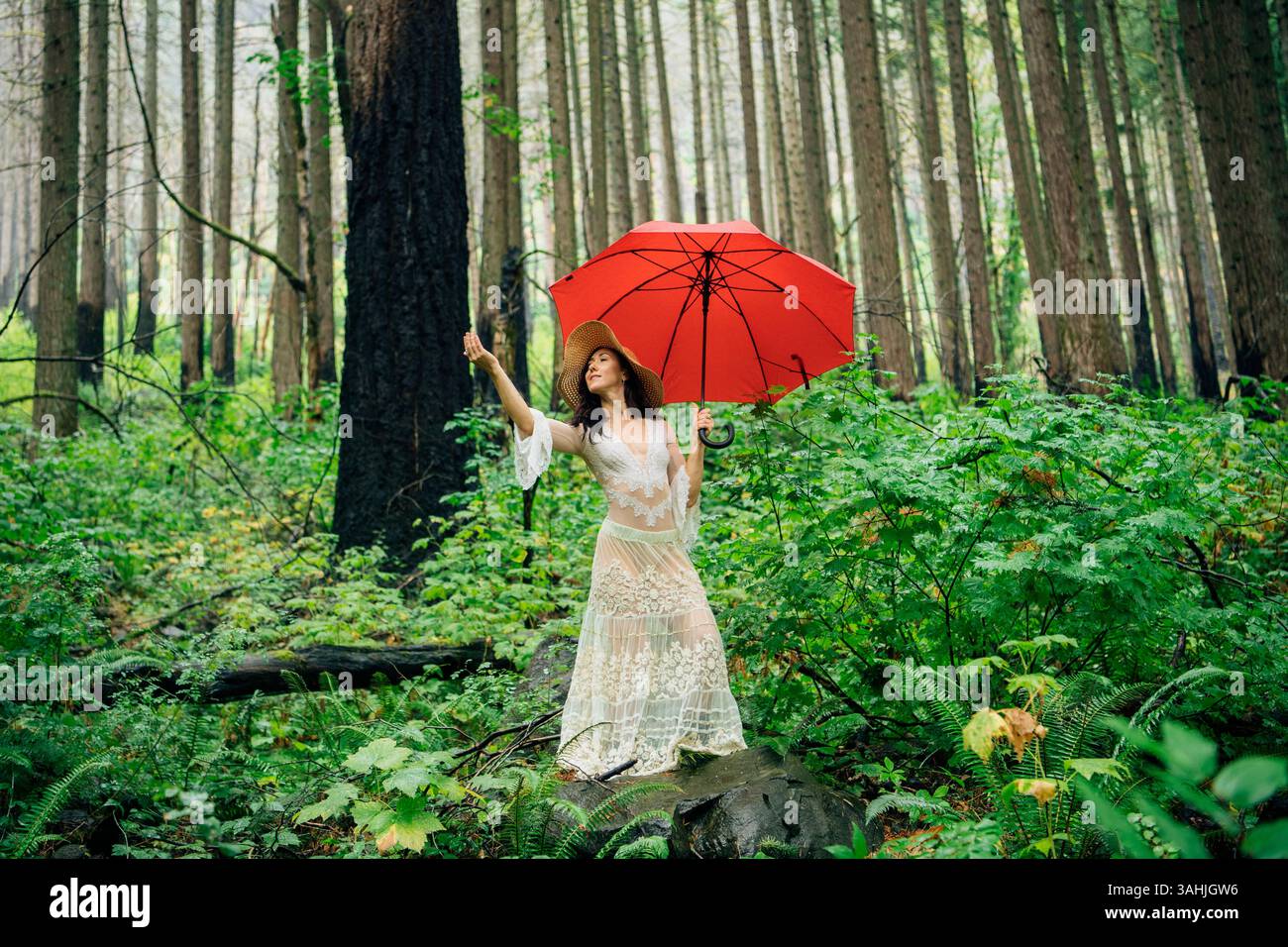 Frau in einem weißen Kleid mit einem roten Regenschirm in einem üppigen grünen Wald. Silver Falls State Park, Oregon, USA Stockfoto