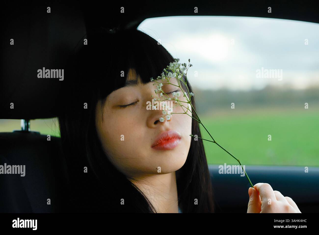 Frau mit geschlossenen Augen, die zarte Blumen in einem Auto vor einer verschwommenen Naturkulisse hält. Brandenburg, Deutschland Stockfoto