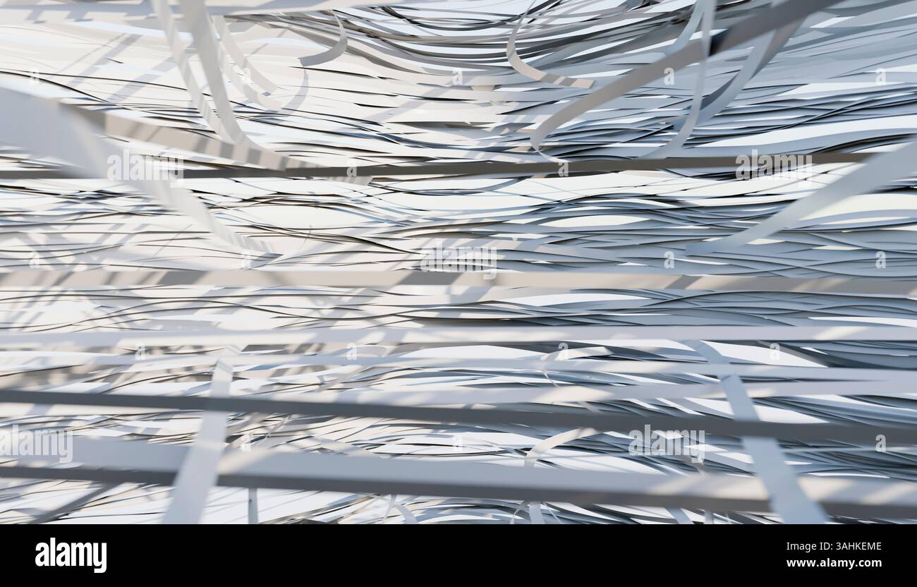 Abstrakte Schichten aus ineinander verflochtenen weißen und grauen Bändern, die ein dynamisches, fließendes Muster erzeugen. 3D-Abbildung des Mixers Stockfoto