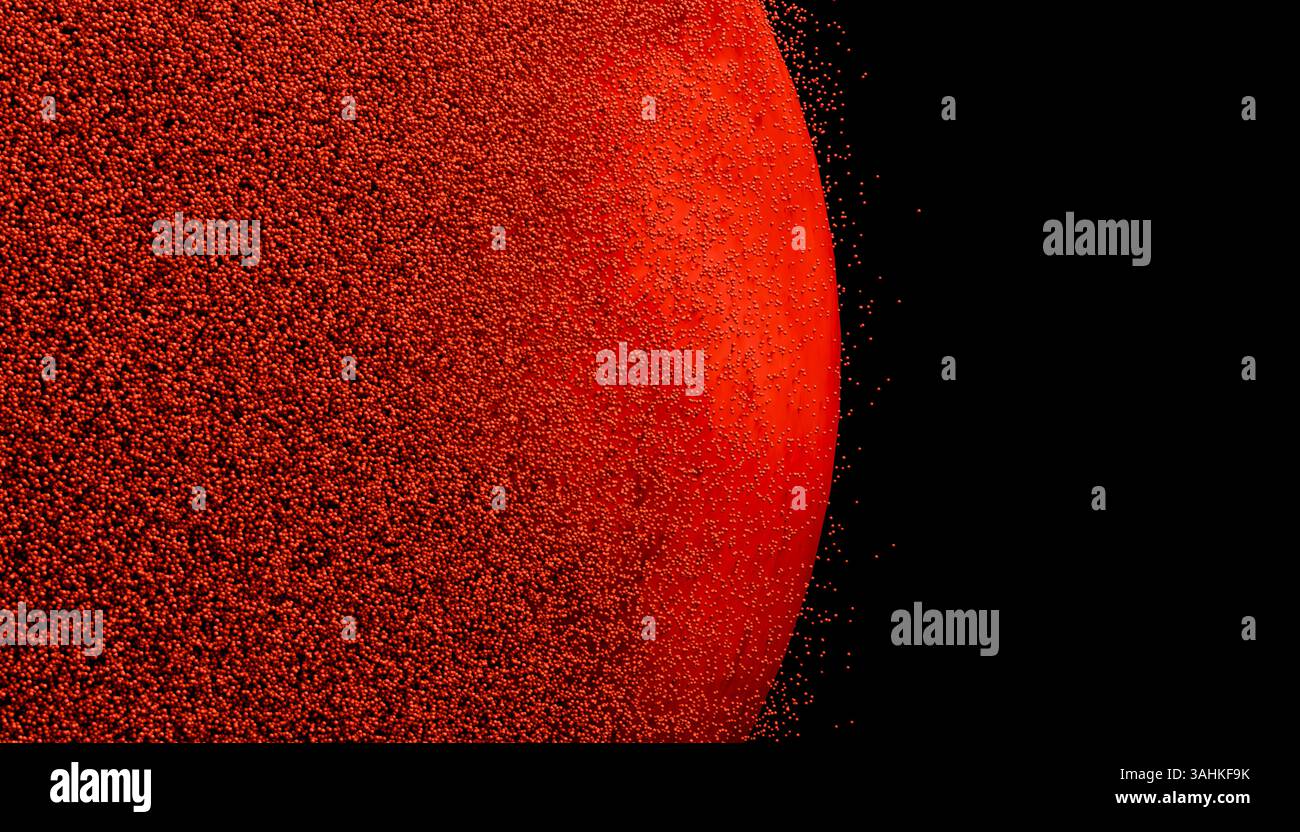 Roter Planet mit einem Sturm von Partikeln vor schwarzem Hintergrund. 3D-Abbildung des Mixers Stockfoto