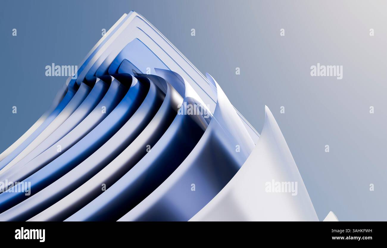 Abstrakte geometrische Formen in Blau und weiß mit modernem und schlankem Design vor einem verlaufenden Hintergrund. 3D-Abbildung des Mixers Stockfoto
