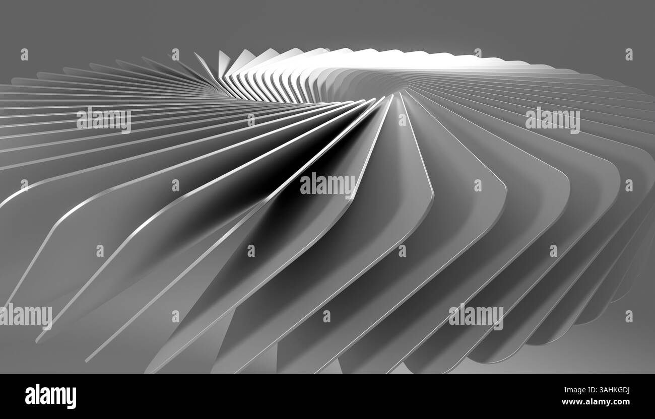 Abstrakte Spiralstruktur mit mehrschichtigen Metallplatten in dynamischem, futuristischem Design. 3D-Abbildung des Mixers Stockfoto