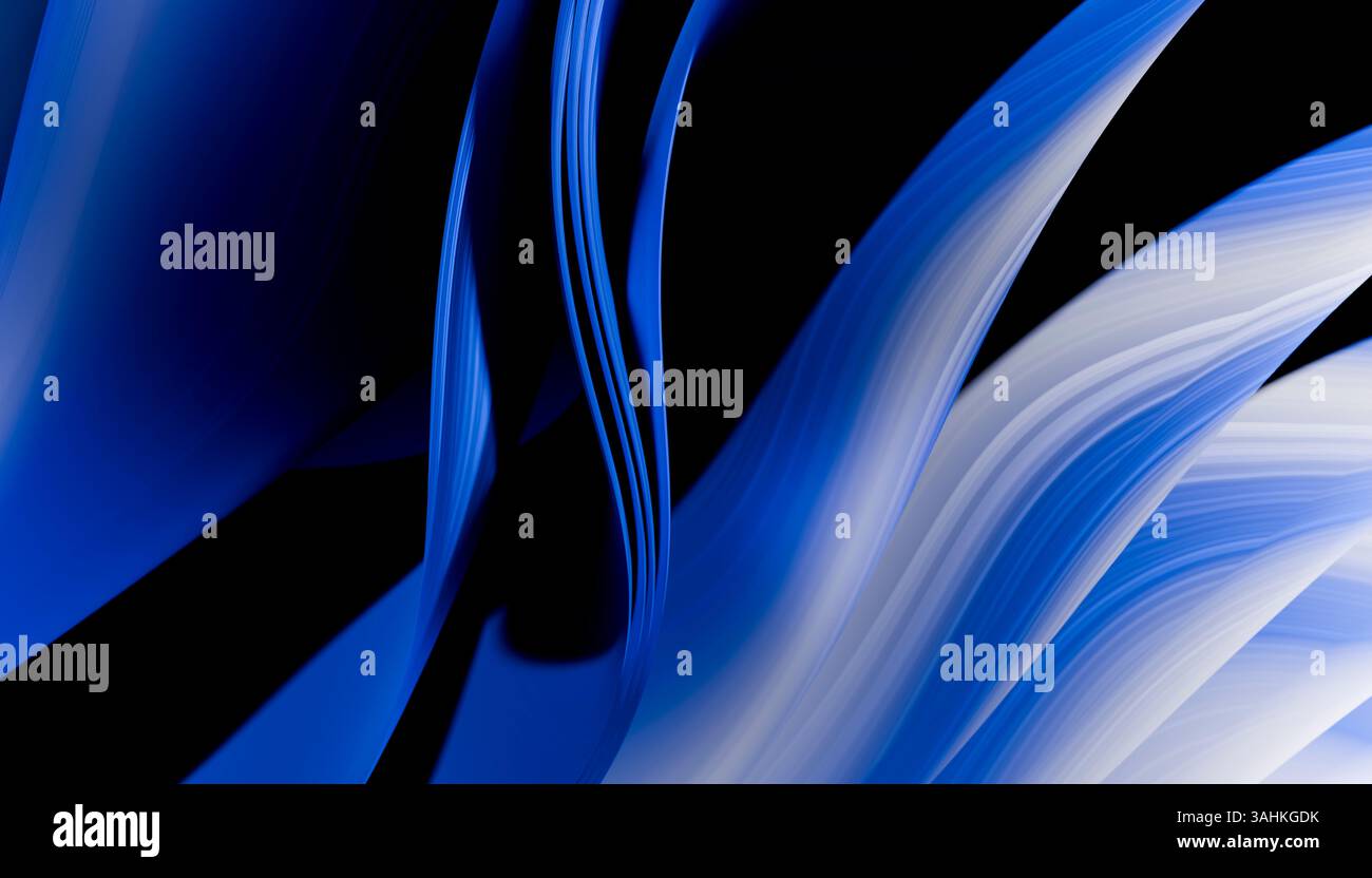 Abstrakte digitale Kunst, die blaue und weiße fließende Wellen vor dunklem Hintergrund vereint. 3D-Abbildung des Mixers Stockfoto