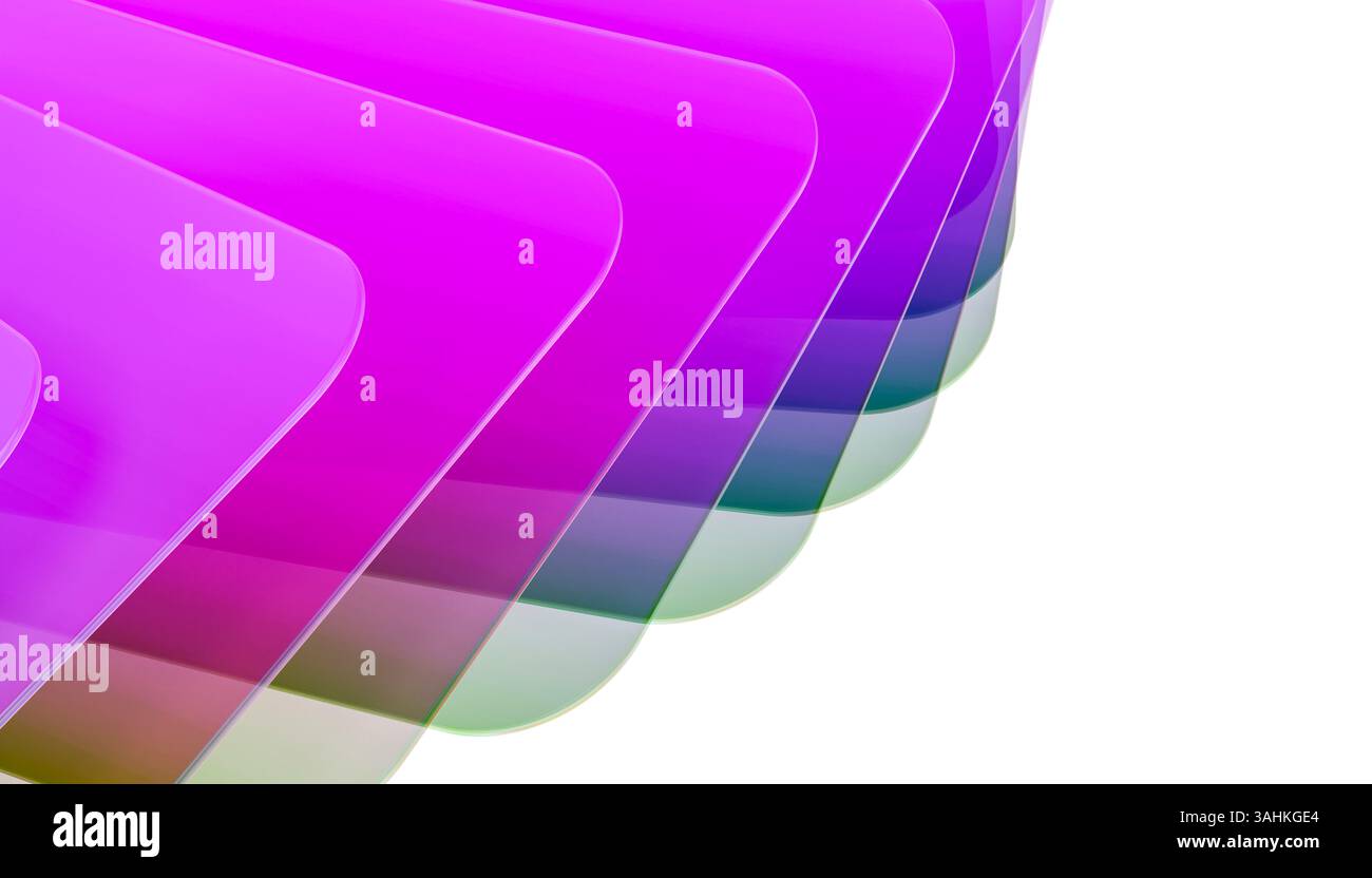 Abstrakte Komposition von überlagerten, durchscheinenden Blättern in Rosa und Grün auf weißem Hintergrund. 3D-Abbildung des Mixers Stockfoto