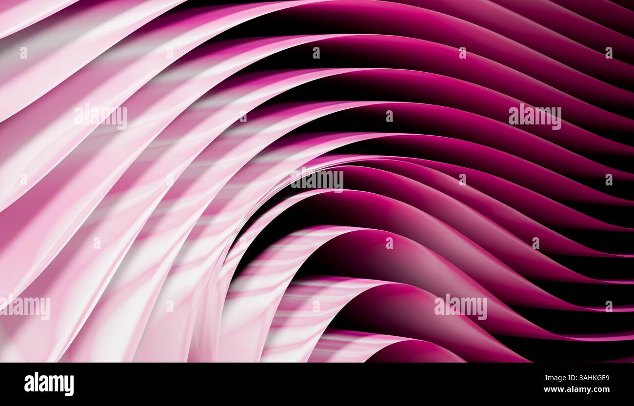 Abstraktes rosa und weißes Wellenmuster mit mehrschichtigen, fließenden Kurven und dynamischem Lichtspiel. 3D-Abbildung des Mixers Stockfoto