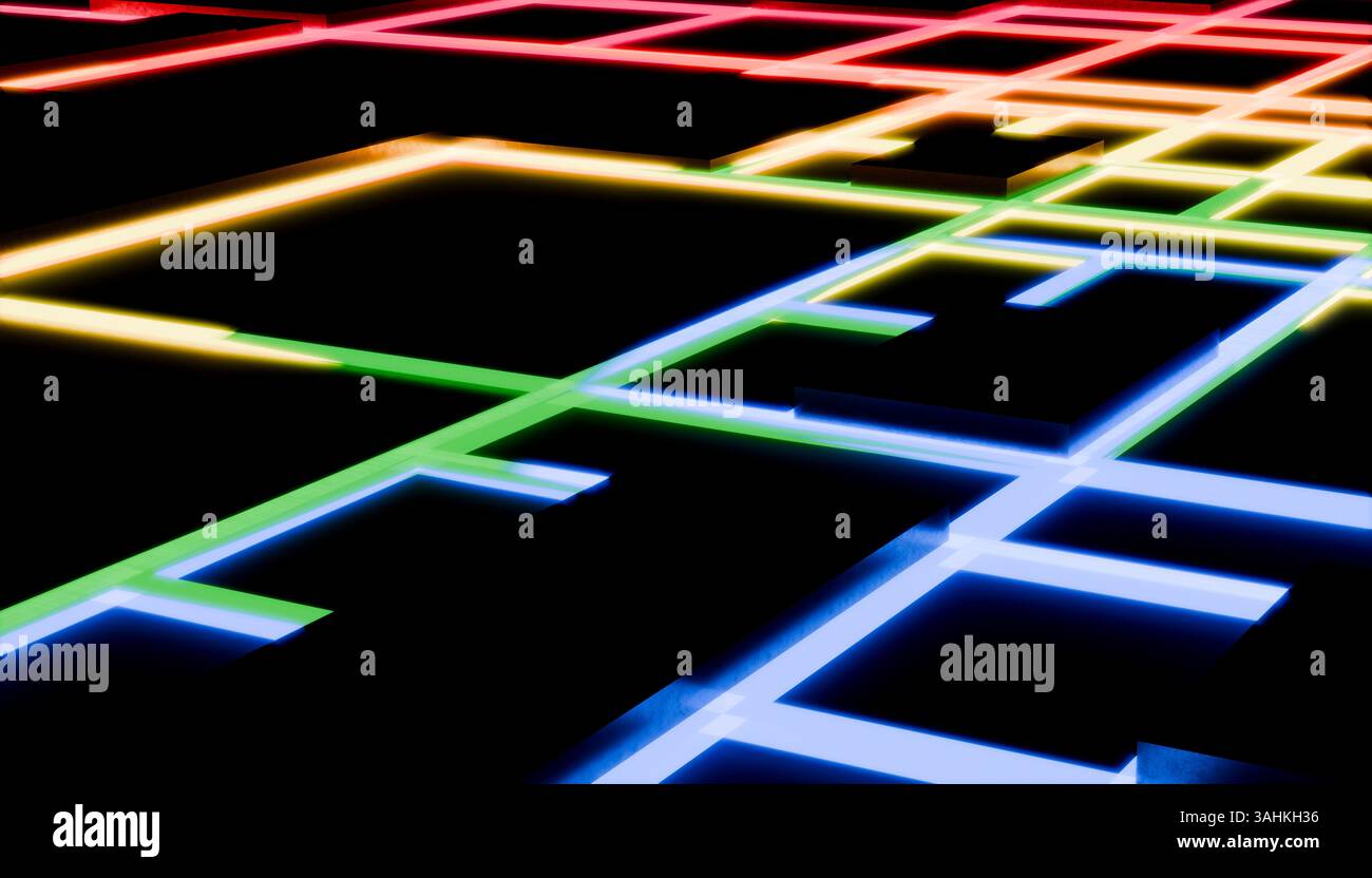 Abstraktes Gitternetzwerk mit leuchtenden Neonlinien in Rot, Grün und Blau auf schwarzem Hintergrund. 3D-Abbildung des Mixers Stockfoto