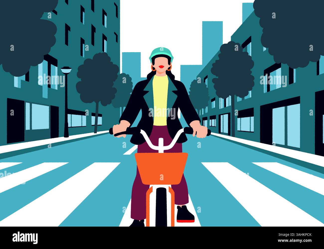 Illustration einer Frau, die auf einer von Gebäuden und Bäumen gesäumten Straße mit dem Fahrrad fährt und einen Helm trägt. Stockfoto