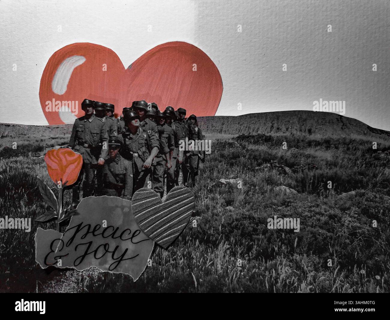 Konzeptuelle, selbst gemachte Collage-Kunst von Soldaten, die auf dem Weg zu Frieden und Freude sind. Mach mehr Liebe, lass den Krieg! - Mülheim-Ruhr, Deutschland, auf 05.04.2025 Stockfoto