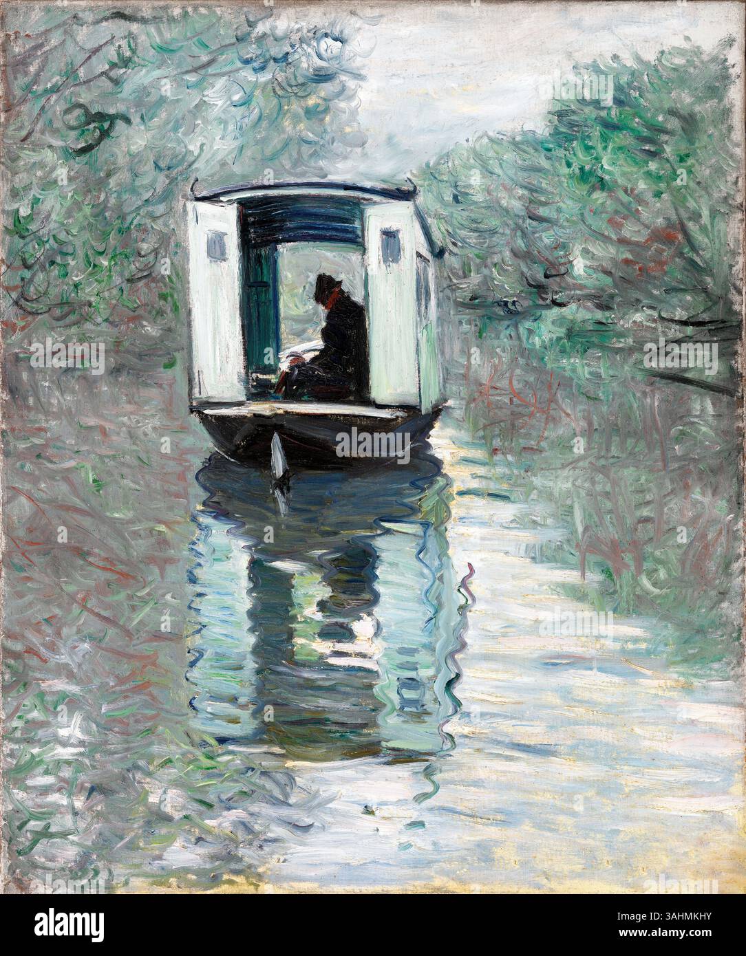 The Boat Studio (1876) von Claude Monet – impressionistisches Gemälde von Floating Atelier on the seine, Public Domain, High-Resolution Fine Art Print Stockfoto