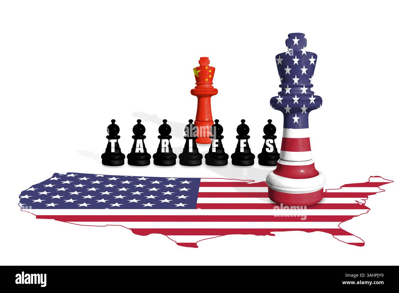 Schach aus US- und China-Flaggen. Handel, Zölle und Zollkrieg in Europa und China Stockfoto