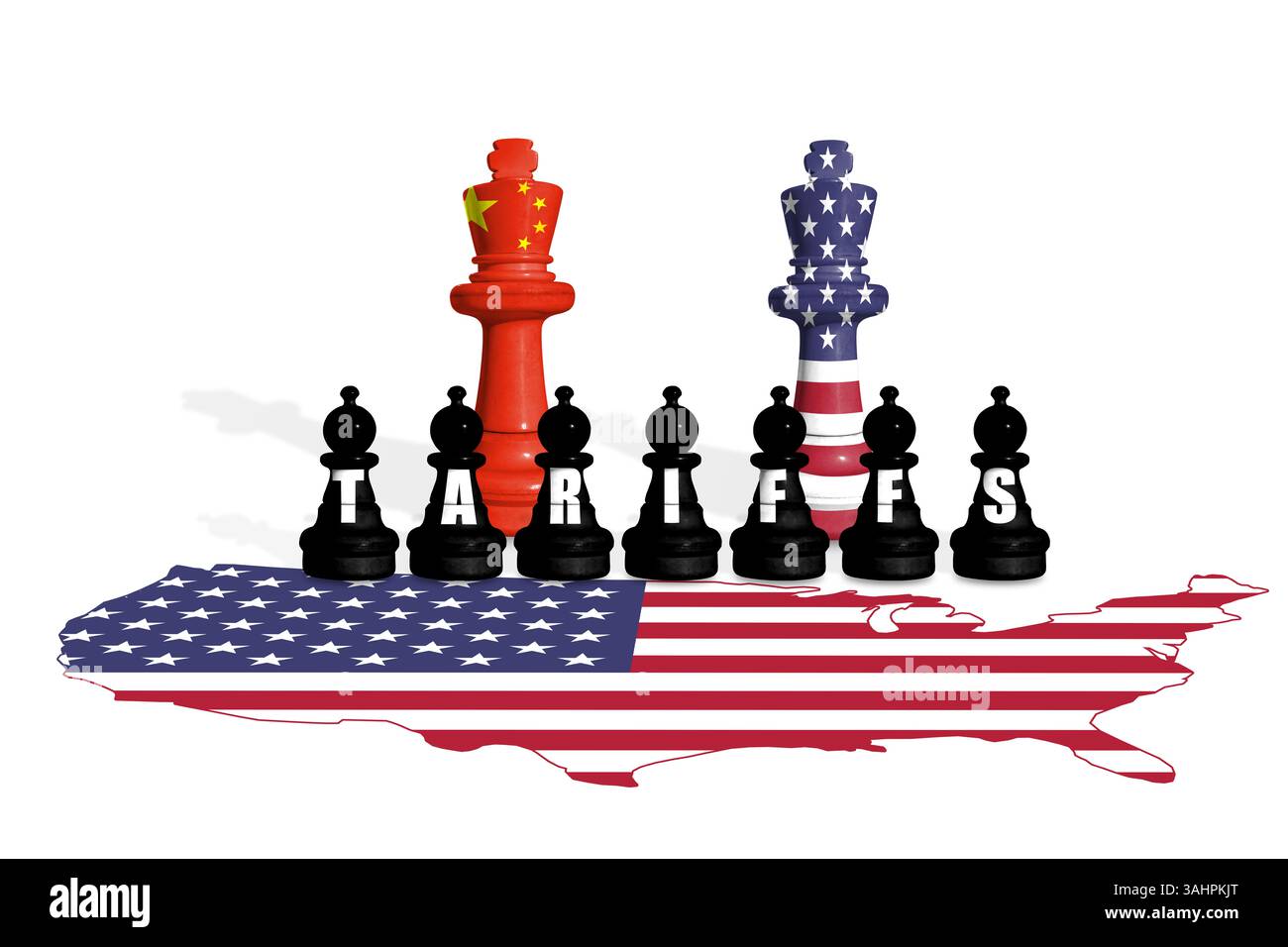 Schach aus US- und China-Flaggen. Handel, Zölle und Zollkrieg in Europa und China Stockfoto