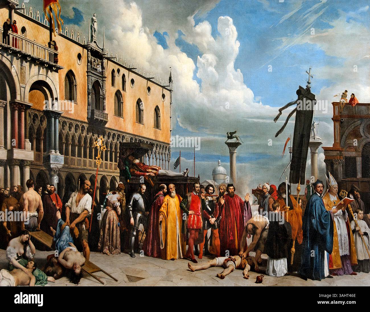 Tizians toter Leichnam in Venedig während der Pestepidemie 1576 von Alexandre Hesse 1806–1879 France French, Louvre Paris, Fine Art Museum, Frankreich, ( die Pest war von 1575 bis 1578 von Norditalien und Sizilien betroffen. Es war vielleicht die bedeutendste Epidemie, die Italien und vor allem Venedig seit dem vierzehnten Jahrhundert heimsuchte. Zwischen einem Drittel und einem Viertel der venezianischen Bevölkerung starb. Die Pest veränderte die bürgerlichen Rituale und die architektonische Tradition der Stadt. Stockfoto