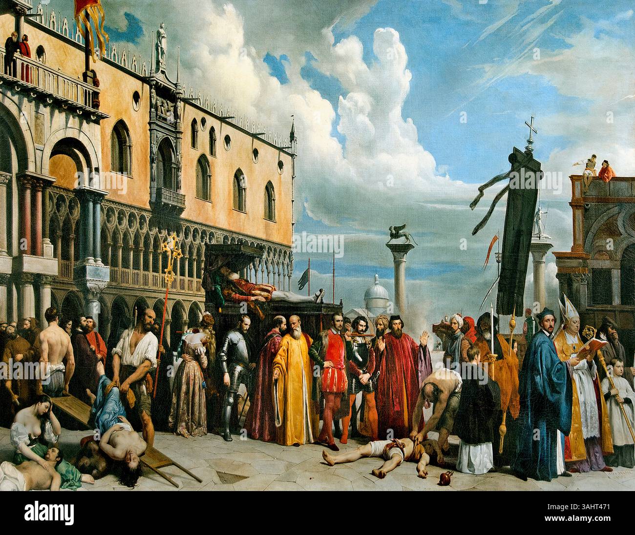Tizians toter Leichnam in Venedig während der Pestepidemie 1576 von Alexandre Hesse 1806–1879 France French, Louvre Paris, Fine Art Museum, Frankreich, ( die Pest war von 1575 bis 1578 von Norditalien und Sizilien betroffen. Es war vielleicht die bedeutendste Epidemie, die Italien und vor allem Venedig seit dem vierzehnten Jahrhundert heimsuchte. Zwischen einem Drittel und einem Viertel der venezianischen Bevölkerung starb. Die Pest veränderte die bürgerlichen Rituale und die architektonische Tradition der Stadt. Stockfoto