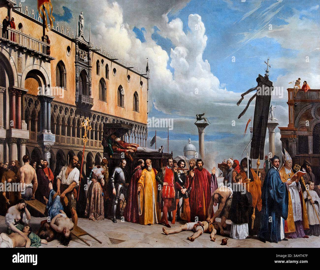 Tizians toter Leichnam in Venedig während der Pestepidemie 1576 von Alexandre Hesse 1806–1879 France French, Louvre Paris, Fine Art Museum, Frankreich, ( die Pest war von 1575 bis 1578 von Norditalien und Sizilien betroffen. Es war vielleicht die bedeutendste Epidemie, die Italien und vor allem Venedig seit dem vierzehnten Jahrhundert heimsuchte. Zwischen einem Drittel und einem Viertel der venezianischen Bevölkerung starb. Die Pest veränderte die bürgerlichen Rituale und die architektonische Tradition der Stadt. Stockfoto