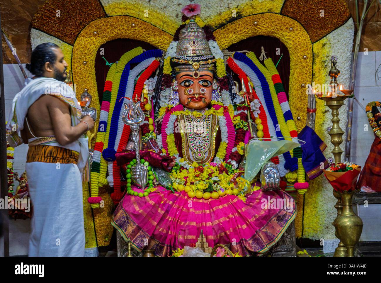 24MAY2024, Mauritius - Ein Priester, der eine religiöse Feier vor der Statue einer tamilischen Gottheit in einem Tempel vollzieht Stockfoto