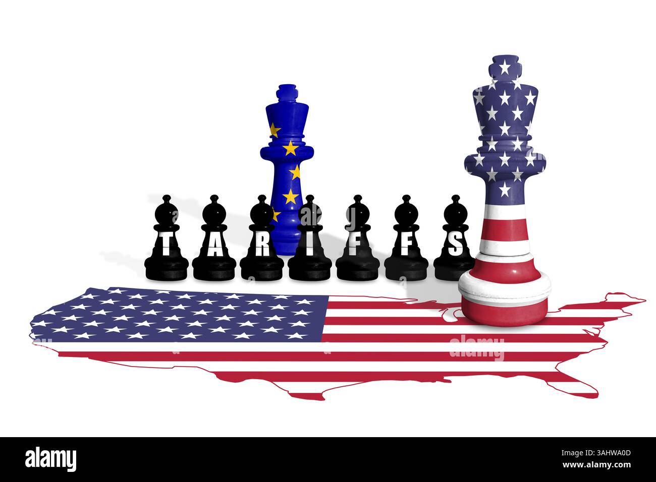 Schach aus US- und EU-Flaggen. Handel, Zölle und Zollkrieg in Europa und den USA Stockfoto