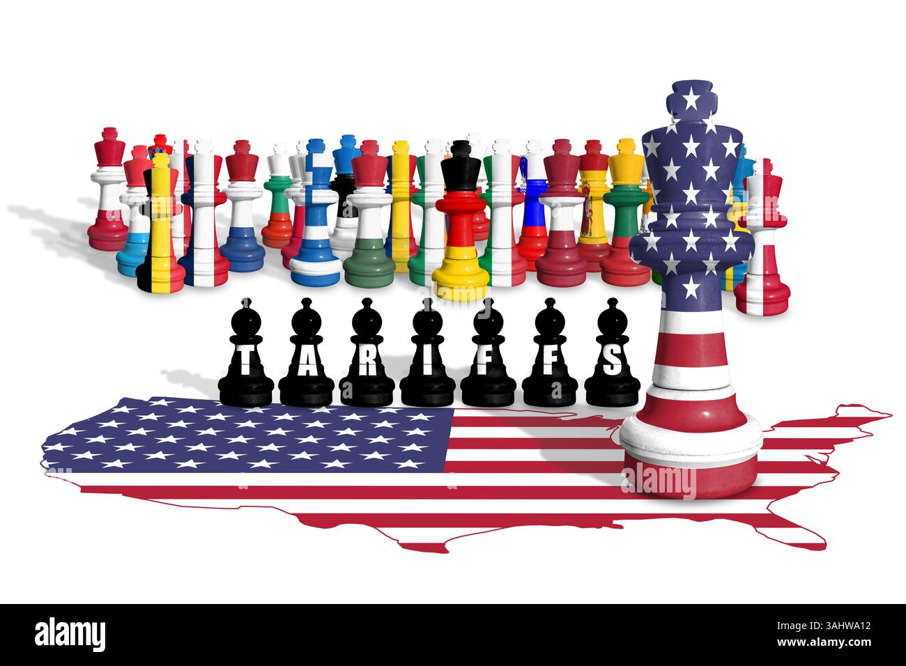 Schach aus der Flagge der US- und EU-Mitglieder. Handel, Zölle und Zollkrieg in Europa und den USA Stockfoto