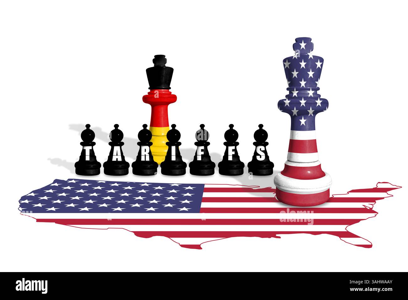 Schach aus US- und Deutschland-Flaggen. Handel, Zölle und Zollkrieg in Europa und den USA Stockfoto