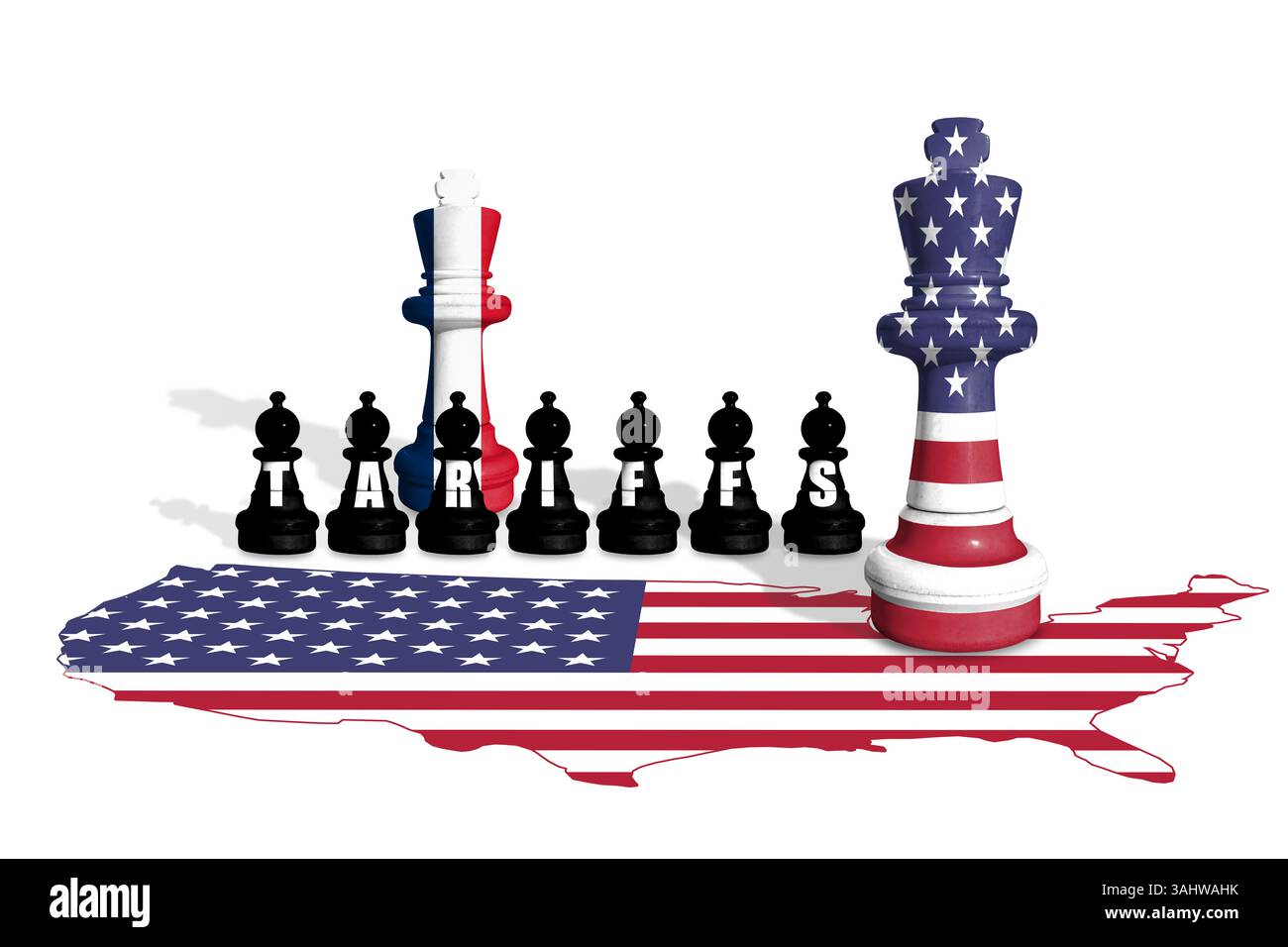 Schach aus US- und Frankreich-Flaggen. Handel, Zölle und Zollkrieg in Europa und den USA Stockfoto