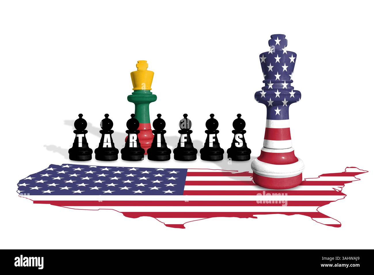 Schach aus US- und litauischen Fahnen. Handel, Zölle und Zollkrieg in Europa und den USA Stockfoto