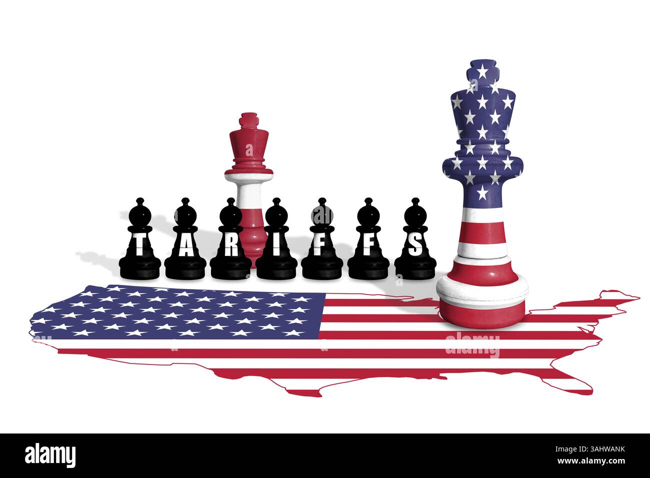 Schach aus US- und Lettland-Flaggen. Handel, Zölle und Zollkrieg in Europa und den USA Stockfoto