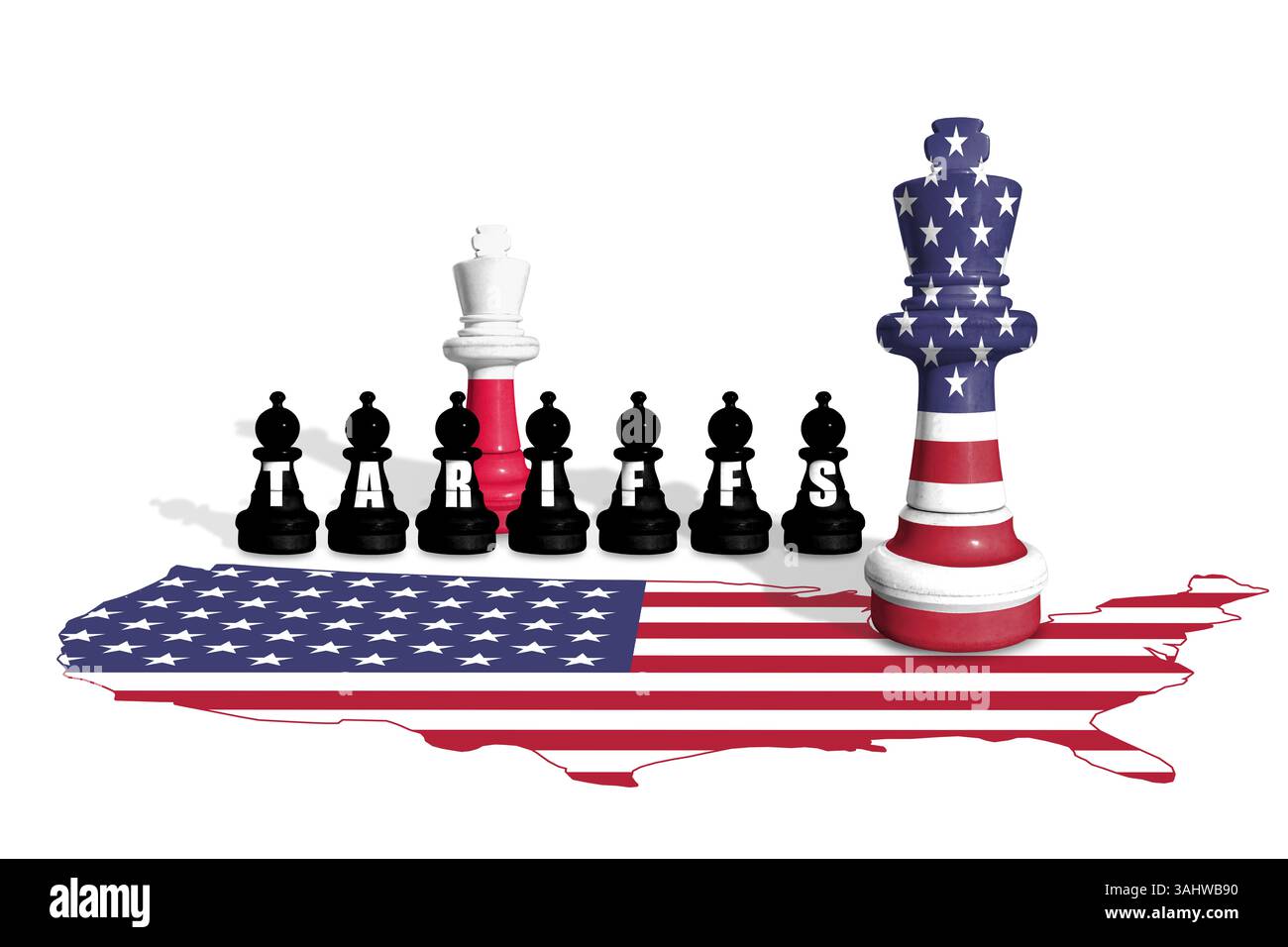 Schach aus amerikanischen und polnischen Flaggen. Handel, Zölle und Zollkrieg in Europa und den USA Stockfoto