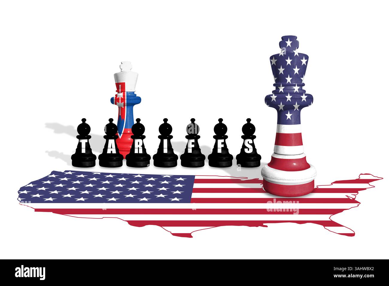 Schach aus US-amerikanischen und slowakischen Fahnen. Handel, Zölle und Zollkrieg in Europa und den USA Stockfoto