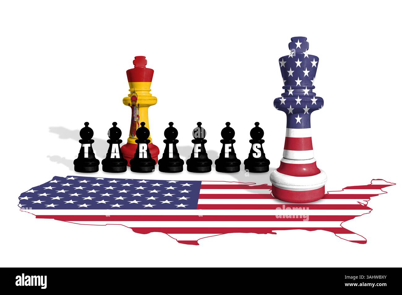 Schach aus amerikanischen und spanischen Flaggen. Handel, Zölle und Zollkrieg in Europa und den USA Stockfoto