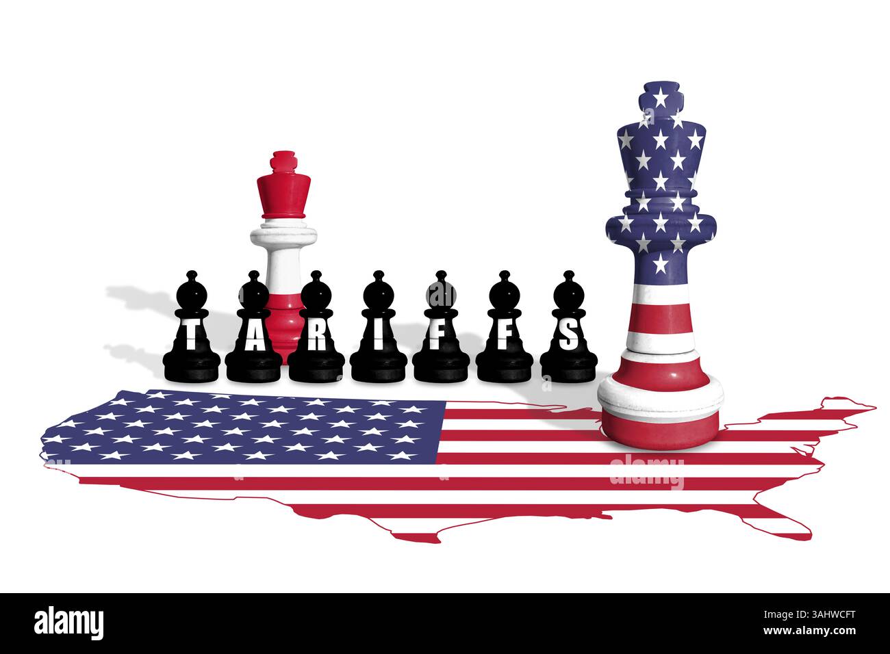 Schach aus amerikanischen und österreichischen Flaggen. Handel, Zölle und Zollkrieg in Europa und den USA Stockfoto