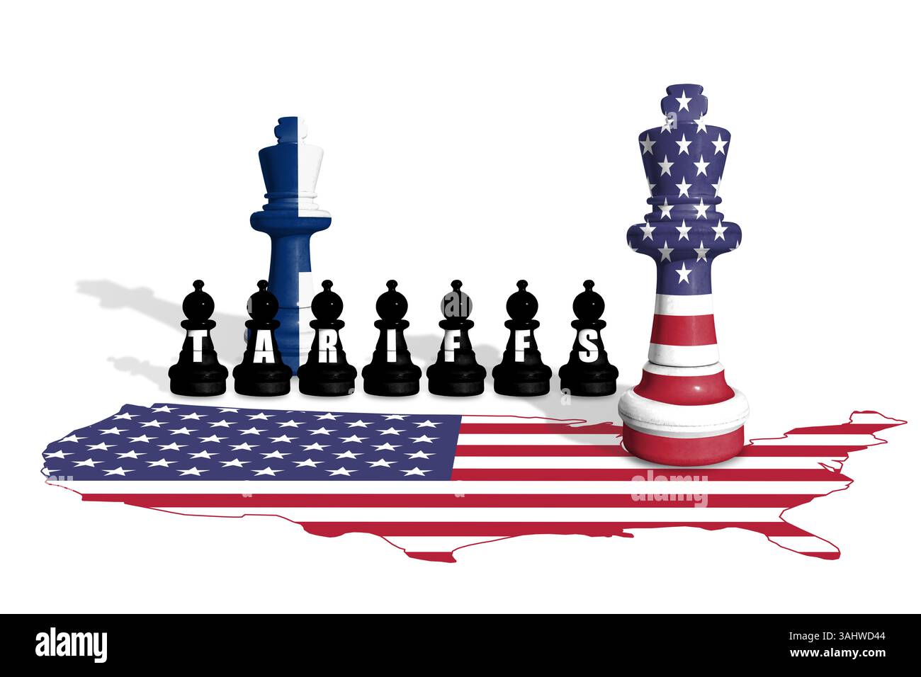 Schach aus US- und finnischen Fahnen. Handel, Zölle und Zollkrieg in Europa und den USA Stockfoto