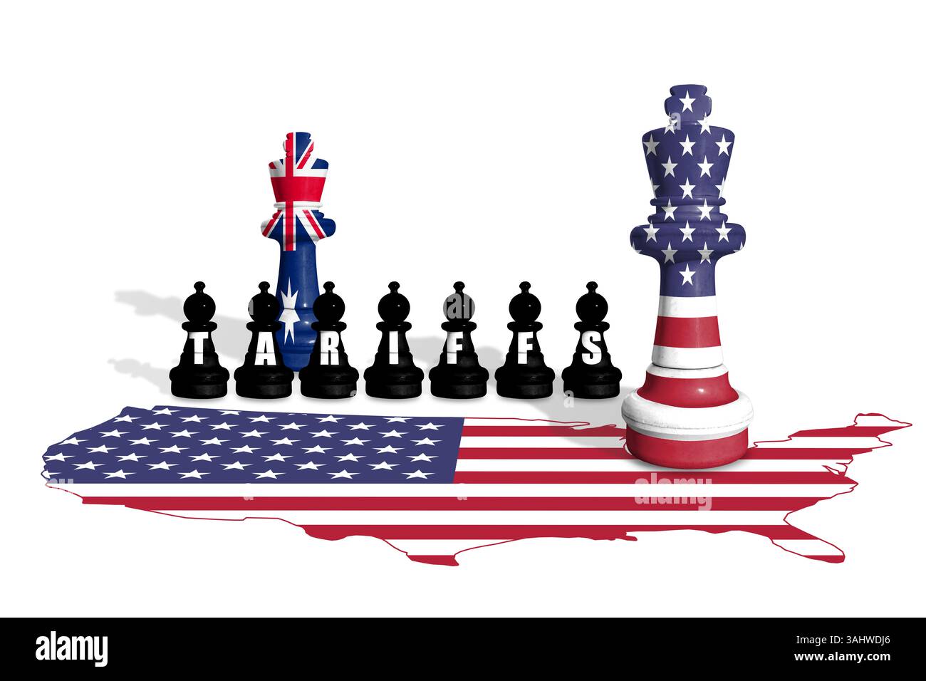Schach aus US- und Australien-Flaggen. Handel, Zölle und Zollkrieg in Europa und den USA Stockfoto
