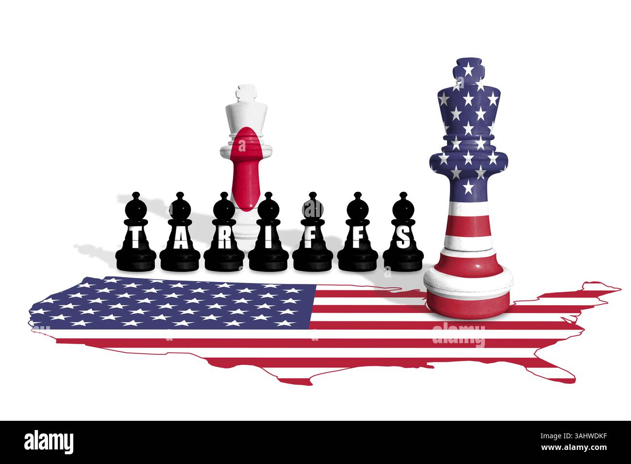 Schach aus US- und Japan-Flaggen. Handel, Zölle und Zollkrieg in Europa und den USA Stockfoto
