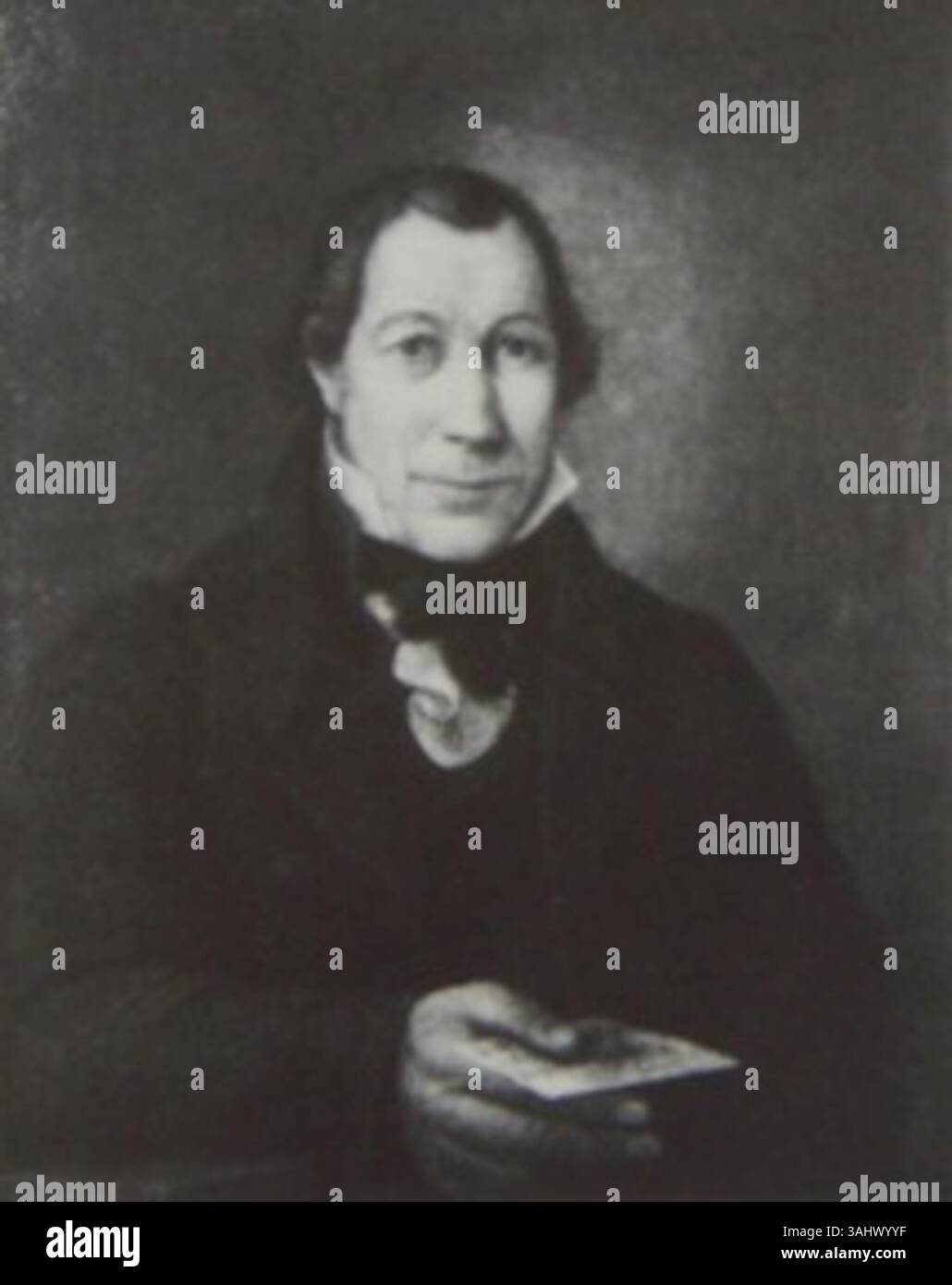 Niklaus Bütlers Porträt von Andreas Infanger, das vor 1864 gemalt wurde, zeigt die Figur im Stil des frühen 19. Jahrhunderts und bietet einen Einblick in die Schweizer Adelsmode und Porträtmalerei dieser Zeit. Stockfoto