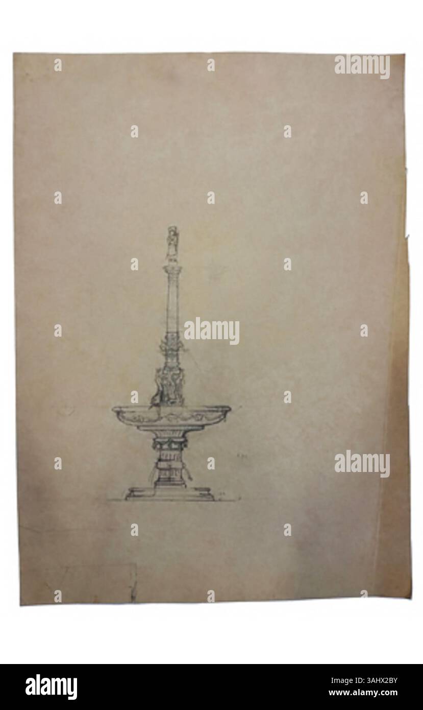 Joseph Lousbergs Projekt „Montefiore Fountain“ von 1888 stellt eine Mischung aus dekorativer Eleganz und funktionalem Design dar. Dieses Wasserspiel, das für städtische Räume bestimmt ist, zeigt die Verschmelzung von Kunst und Nutzen, die typisch für europäische Springbrunnen aus dem 19. Jahrhundert ist. Stockfoto