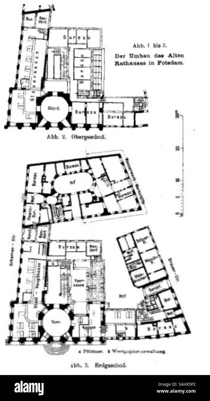 Der architektonische Plan zur Sanierung des Alten Rathauses in Potsdam, entworfen von Hans Dreves 1922. Dieses Dokument gibt Einblicke in die baulichen Veränderungen und die historische Bedeutung des Gebäudes während seiner Restaurierung. Stockfoto