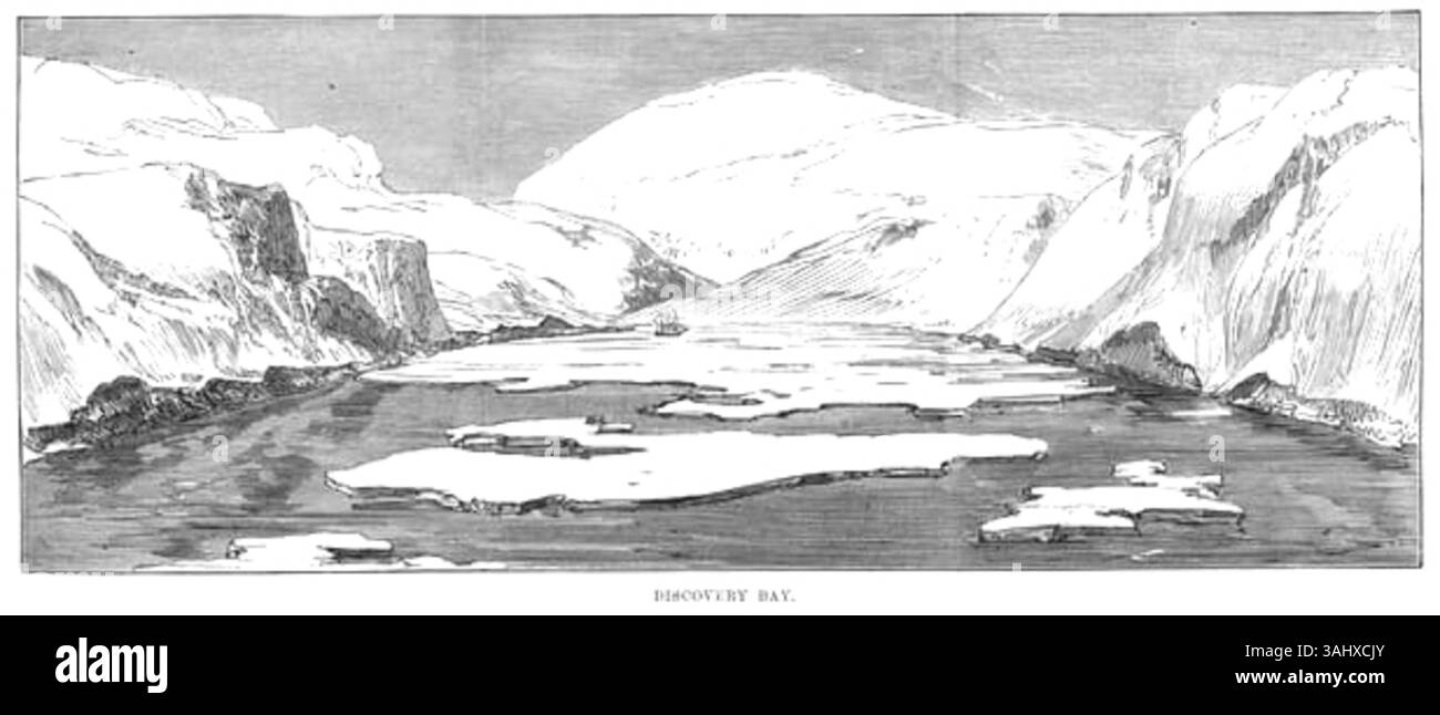 Abbildung der Discovery Bay während der Nordpolexpedition, dargestellt in den Illustrated London News vom 11. November 1876. Die Discovery Bay war ein bemerkenswerter Ort der Polarexpedition. Stockfoto