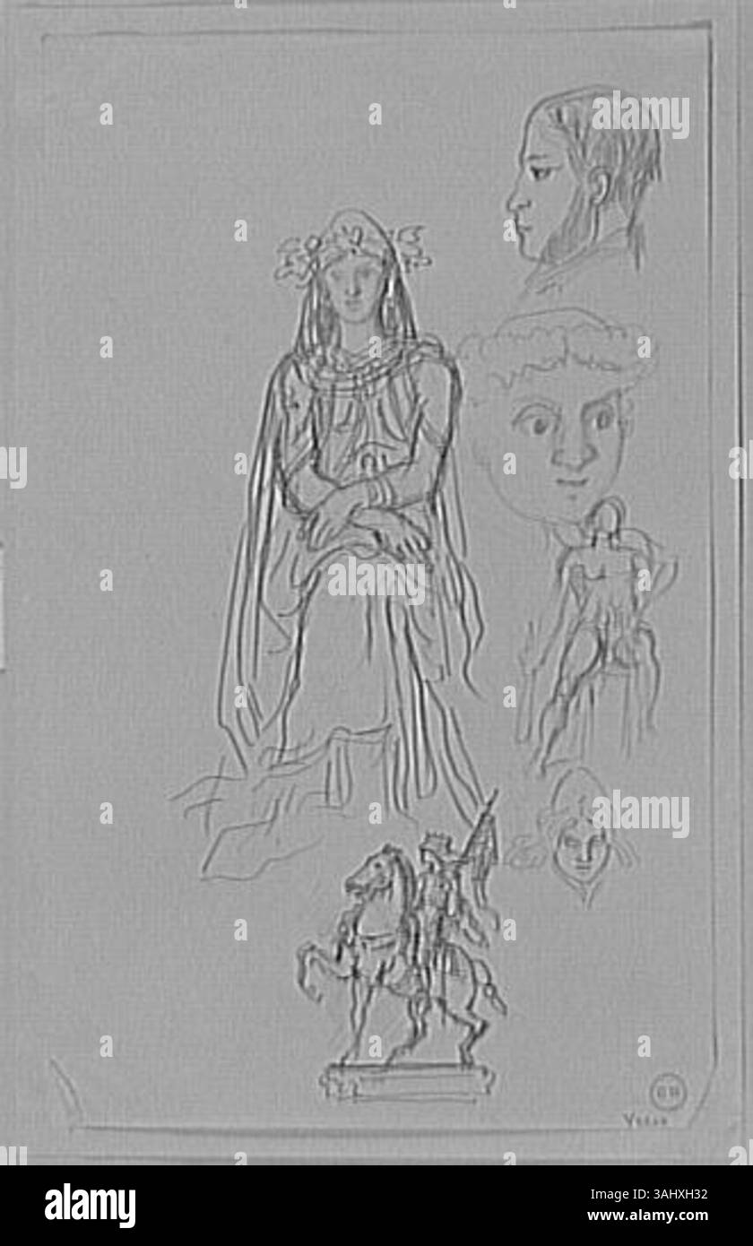 Gustave Moreas Feuille d’études Diverses ist eine Sammlung verschiedener Studien, die zwischen 1850 und 1895 entstanden sind und die die Auseinandersetzung des Künstlers mit verschiedenen Themen und Techniken zeigen. Das Blatt enthält Skizzen menschlicher Figuren, Tiere und architektonischer Elemente, die Moreas Vielseitigkeit als Zeichner hervorheben. Stockfoto