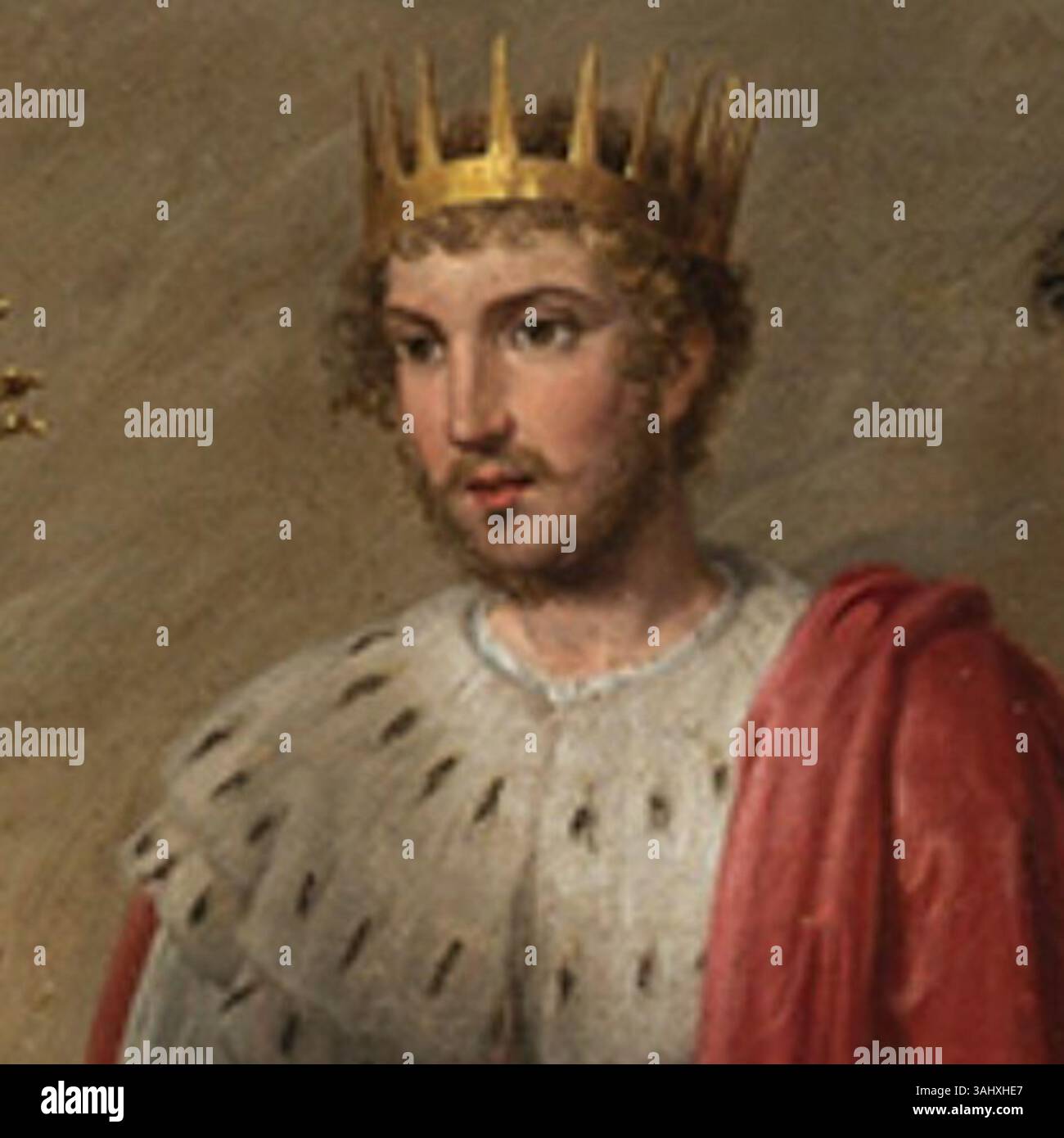 „Saint Louis empfängt die Heilige Krone von Baudouin II.“ von Rafael Tejeo veranschaulicht einen Moment aus der mittelalterlichen Geschichte, als König Ludwig IX. Von Frankreich die Dornenkrone von Balduin II. Von Konstantinopel erhielt. Das zwischen 1827 und 1839 entstandene Gemälde ist ein Öl auf Leinwand, das historische und religiöse Themen reflektiert. Stockfoto