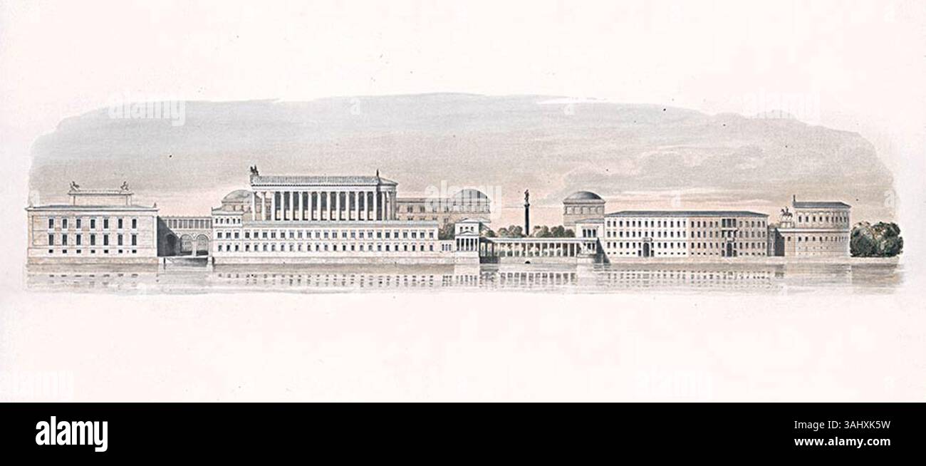 Ansicht der Freistätte für Kunst und Wissenschaft von Friedrich August Stüler, 1862. Diese architektonische Zeichnung zeigt einen Blick auf die Freie Institution für Kunst und Wissenschaft, die deutsche akademische und künstlerische ideale des 19. Jahrhunderts widerspiegelt. Stockfoto